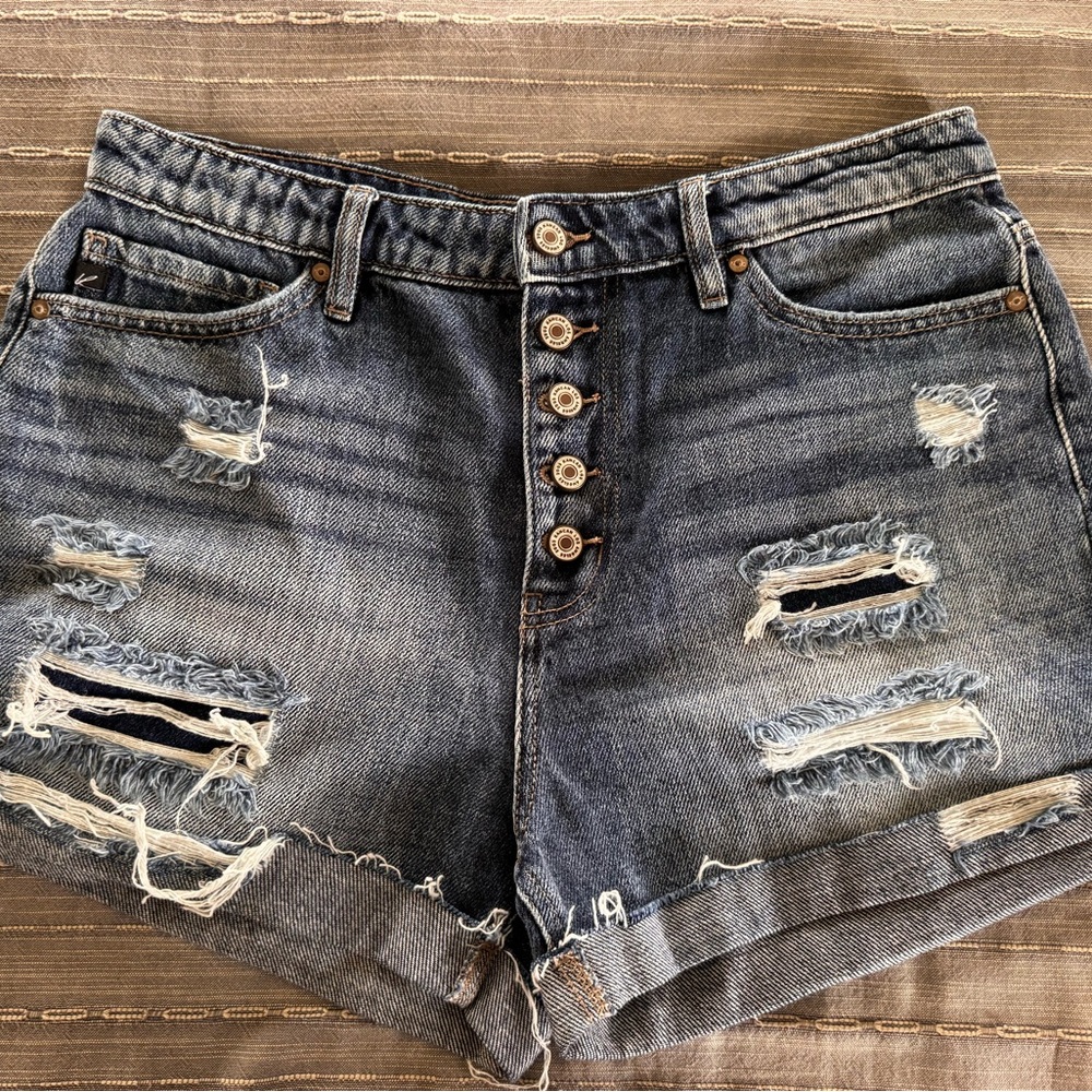 KanCan Button-Fly Distressed Denim Shorts - Blue Wash